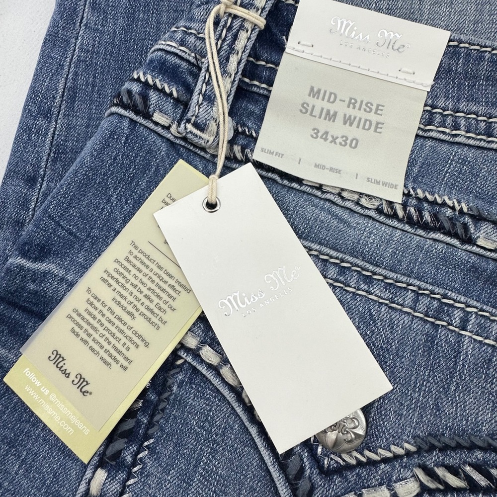 Miss Me Mid Rise Slim Wide Jeans W34 L30 Y2K Bling Thick‎ Stitch Bootcut NWT - Picture 8 of 16